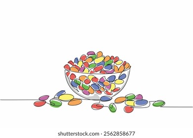 Single one line drawing colorful jelly beans placed in a glass bowl. A large bowl could not hold the many enthusiasts. Delicious. National Jelly Bean Day. Continuous line design graphic illustration