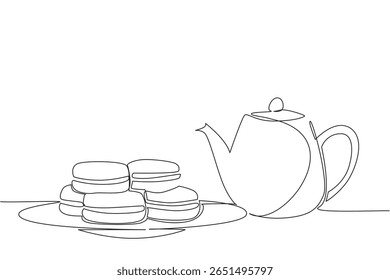 Uma única linha desenhando macarons coloridos empilhados em uma pequena placa e um bule de chá. Aproveite a manhã de uma forma simples, mas calma. Saboroso. Dia Nacional de Macaron. Ilustração gráfica de design de linha contínua