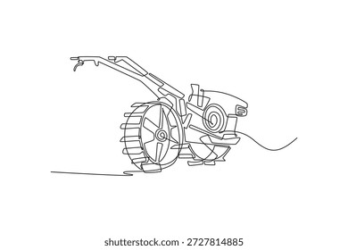 Einzeilige Zeichnung kompakte manuelle Kraftfräse oder Bodenbearbeitungsmaschine, Hervorhebung der Motorkomponente und nach vorn gerichtete Lauffläche. Moderne durchgehende Linie zeichnen Design grafische Vektorgrafik