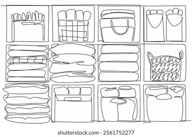 Single one line drawing a compartmentalized cupboard for storing various items neatly. Likes order and neatness. Makes it easy to take. Get Organized Day. Continuous line design graphic illustration