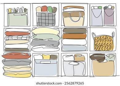 Single one line drawing a compartmentalized cupboard for storing various items neatly. Likes order and neatness. Makes it easy to take. Get Organized Day. Continuous line design graphic illustration