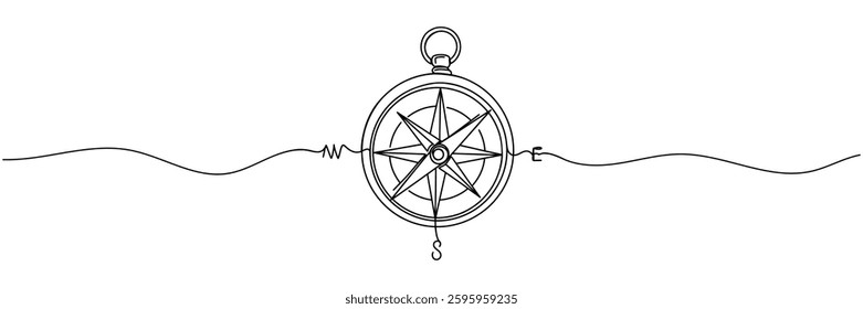 Single one line drawing compass for locating direction. Shipment and logistic concept. Continuous line draw design graphic vector illustration.