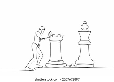 Single one line drawing competitive businessman push huge rook chess piece to beat king. Business strategy and marketing plan. Strategic move. Continuous line draw design graphic vector illustration