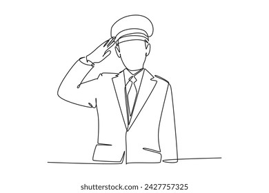 dibujo de una sola línea de un conductor de pie con conjunto completo uniforme. todo sobre la actividad de la estación y el tren. Línea simple, actividad de tren.