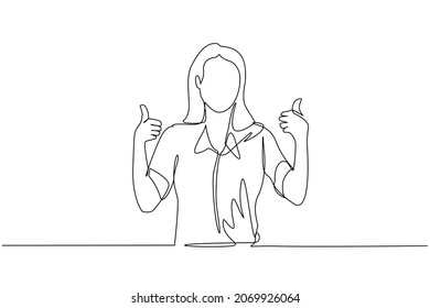 Single one line drawing confident businesswoman thumbs up. Excited female dressed in casual wear showing thumbs up sign. Deal, like, agree, approve, accept. Continuous line draw design graphic vector