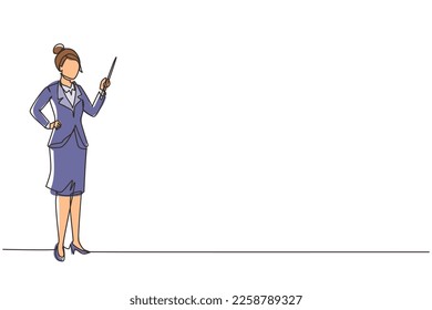 Single one line drawing confident woman teacher, mentor, trainer, business woman, manager, employee, wearing blazer indicating pointing with stick in hand. Continuous line design vector illustration