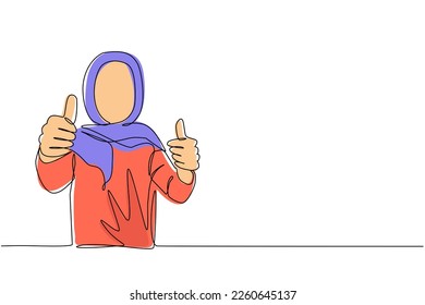 Single one line drawing confident Arab businesswoman thumbs up. Excited female dressed in hijab showing thumbs up sign. Deal, like, agree, approve, accept. Continuous line draw design graphic vector