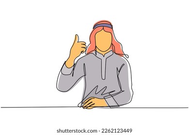 Single one line drawing confident Arab businessman thumbs up. Excited male dressed in traditional clothes showing thumbs up sign. Deal, like, agree, approve, accept. Continuous line draw design vector