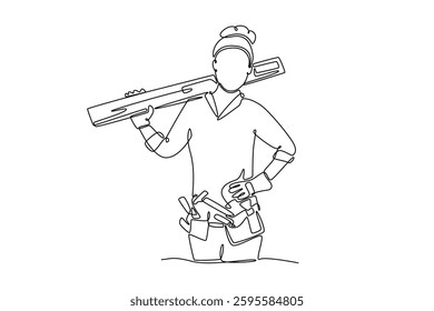 Single one line drawing confident female worker carrying wooden planks at construction site on her shoulder. Building renovation concept. Modern continuous line draw design graphic vector illustration