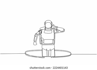 Single one line drawing confused young astronaut emerges from the hole. Depressed and spaceship business failure concept. Cosmic galaxy space. Continuous line draw graphic design vector illustration