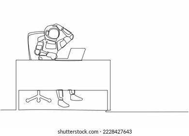Single one line drawing confused young astronaut working on computer laptop at desk. Future space technology development. Cosmic galaxy space. Continuous line draw graphic design vector illustration