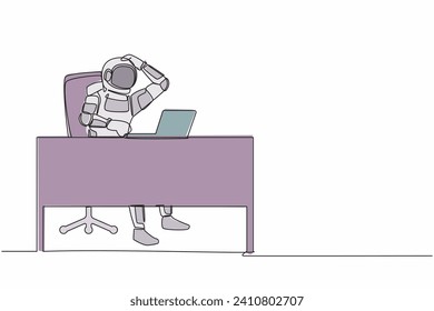 Single one line drawing confused young astronaut working on computer laptop at desk. Future space technology development. Cosmic galaxy space. Continuous line draw graphic design vector illustration