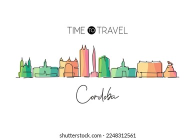 Single one line drawing Cordoba city skyline, Argentina. World historical town landscape. Best holiday destination postcard. Editable stroke trendy continuous line draw design vector illustration