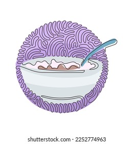 Escamas de maíz de una sola línea, cereales y leche salpicadas en tazón. Desayuno saludable para niños. Estilo de fondo del círculo de redondeo giratorio. Ilustración de líneas continuas moderna de diseño gráfico vectorial