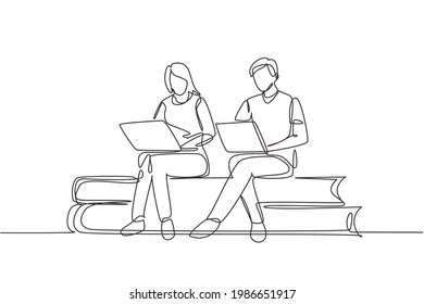 Single one line drawing couple and laptop sitting pile books together  Freelance  distance learning  online courses  studying concept  Continuous line draw design graphic vector illustration