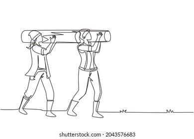 Single one line drawing couple of woman lumberjack laborers carrying heavy wooden log on shoulders. Female woodcutters working in wood logging industry. Continuous line draw design vector illustration