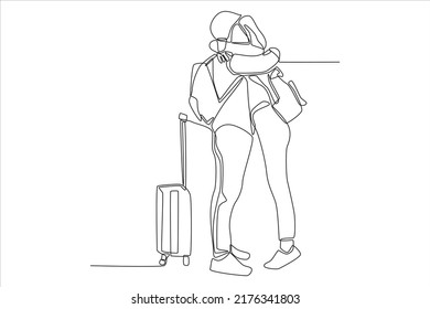 Single One Line Drawing Couple With Their Bags Hug Farewell At The Airport.. Airport Activity Concept. Continuous Line Draw Design Graphic Vector Illustration.