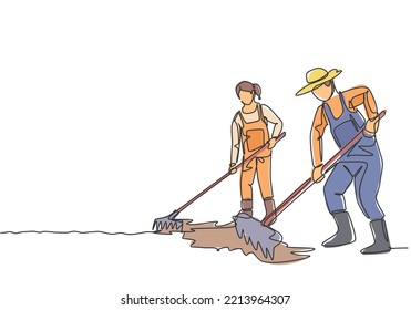 Single one line drawing of couple farmer leveling the ground using a rake. Start a new planting season. Farming challenge minimal concept. Continuous line draw design graphic vector illustration.