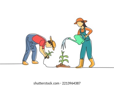 Single one line drawing of couple farmer water the plants using a watering can and planting plants. Farmer planting activities concept. Modern continuous line draw design graphic vector illustration.