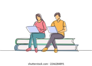 Single one line drawing couple with laptop sitting on pile of books together. Freelance, distance learning, online courses, studying concept. Continuous line draw design graphic vector illustration