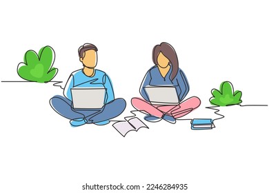 Einzeilige Zeichenkette mit Laptop, die zusammen im Park sitzt. Freelance, Fernunterricht, Online-Kurse, Lernkonzept. Modern-Stetig-Liniendesign, Vektorgrafik