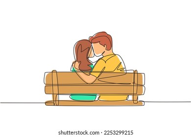 Single one line drawing couple sweet kissing sitting on bench in park romantic scenery. Happiness guy and girl relationship in love. Modern continuous line draw design graphic vector illustration