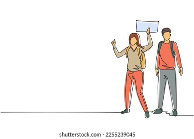 Single one line drawing couple with backpacks standing near road and hitchhiking. Man and woman thumbing or hitching ride. Adventure travel, road trip. Continuous line draw design vector illustration