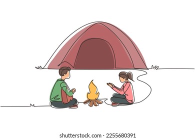 Single one line drawing couple camping around campfire tents. Man woman warm their hands near bonfire, man playing guitar. Nature exploration trip. Continuous line draw design vector illustration
