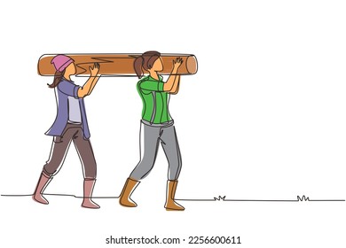 Single one line drawing couple of woman lumberjack laborers carrying heavy wooden log on shoulders. Female woodcutters working in wood logging industry. Continuous line draw design vector illustration