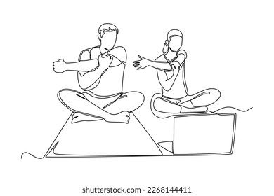 Single one line drawing couple taking part in an online yoga class session. Class in action concept. Continuous line draw design graphic vector illustration.