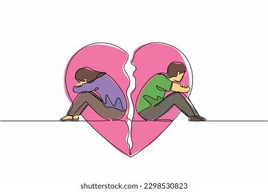 Single one line drawing couple of man and woman, sitting back to back, sad and angry on each other. Breaking up, relationship issues, broken heart, separating. Continuous line graphic design vector