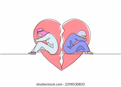 Single one line drawing couple of Arab man and woman, sitting back to back, sad and angry on each other. Breaking up, relationship issues, broken heart, separating. Continuous line draw design vector