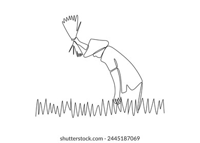 Single one line drawing of couple farmer was harvesting rice and there was also rice that had been tied up. Farming challenge minimal concept. Continuous line draw design graphic vector illustration.