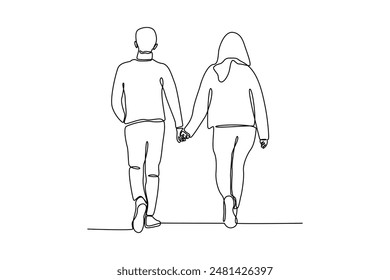 Dibujo de una sola línea de una pareja tomados de la mano mientras caminan juntos. Pareja enamorada pasando tiempo juntos. Feliz concepto familiar. Ilustración vectorial gráfica moderna de diseño de dibujo de línea continua