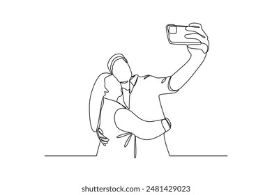 Single one line drawing of A couple takes photos together while making out. Couple in love spending time together. Happy family concept. Modern continuous line draw design graphic vector illustration