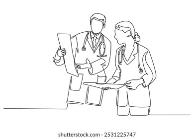 Single one line drawing couple male and female doctor discussing and diagnosing patient x-ray photo result together. Medical healthcare concept. Continuous line draw design graphic vector illustration