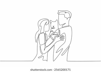 Single one line drawing a couple wife and husband hugging a cat. The only pet left. Cuddling. Always love. Cute and adorable. National Pet Parents Day. Continuous line design graphic illustration