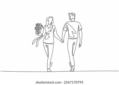 Single one line drawing a couple walking hand in hand and the wife carrying a bouquet of flowers. Towards happiness together. Love. Couple Appreciation Day. Continuous line design graphic illustration