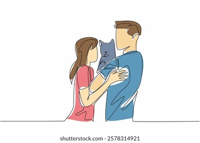 Single one line drawing a couple wife and husband hugging a cat. The only pet left. Cuddling. Always love. Cute and adorable. National Pet Parents Day. Continuous line design graphic illustration