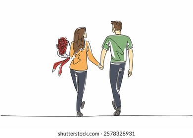 Single one line drawing a couple walking hand in hand and the wife carrying a bouquet of flowers. Towards happiness together. Love. Couple Appreciation Day. Continuous line design graphic illustration