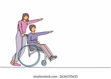 Single one line drawing couple of happy people while pointing in one direction. Caregiver woman pushing man on wheelchair, enjoy health care activity. Continuous line draw design vector illustration