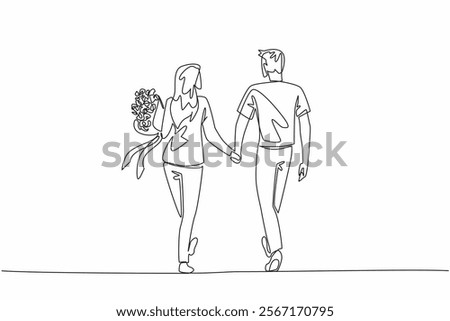 Single one line drawing a couple walking hand in hand and the wife carrying a bouquet of flowers. Towards happiness together. Love. Couple Appreciation Day. Continuous line design graphic illustration