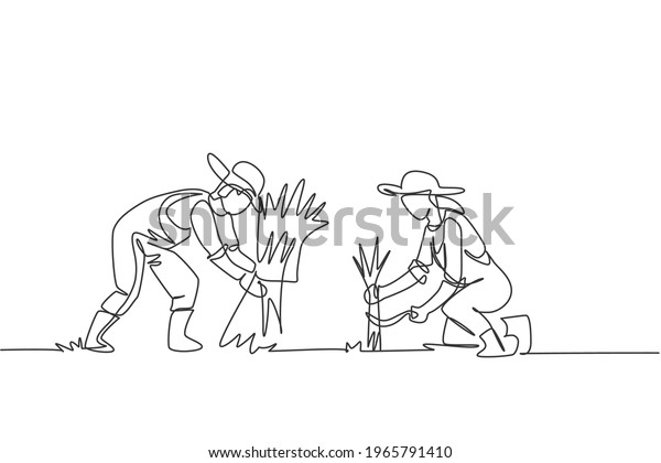 Single One Line Drawing Couple Farmer Stock Vector (Royalty Free ...