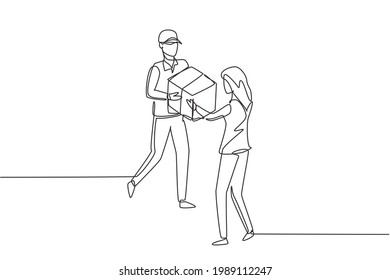 Single one line drawing courier gives package box to female customer. Online shopping. Online delivery service. Fast delivery parcel concept. Continuous line draw design graphic vector illustration