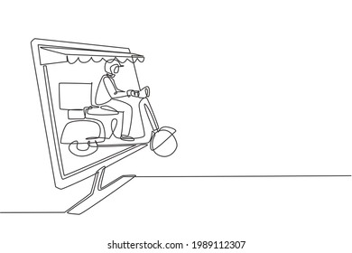 Single one line drawing courier riding scooter carrying package box out of giant monitor screen with canopy. Online delivery service. Modern continuous line draw design graphic vector illustration