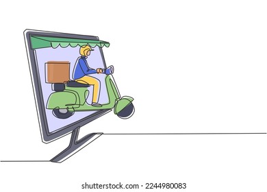 Single one line drawing courier riding scooter carrying package box out of giant monitor screen with canopy. Online delivery service. Modern continuous line draw design graphic vector illustration