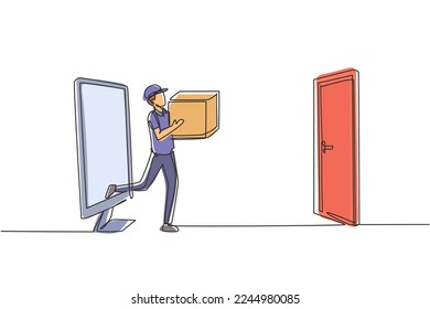 Single one line drawing courier comes out of the monitor screen while carrying package box to customer's door. Online delivery service. Modern continuous line draw design graphic vector illustration