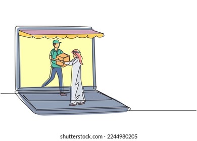 Single one line drawing courier comes out of giant laptop screen with canopy and gives package box to Arabic male customer. Online delivery. Continuous line draw design graphic vector illustration