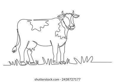 Single one line drawing of cow in the pasture. Farming challenge minimal concept. Continuous line draw design graphic vector illustration.