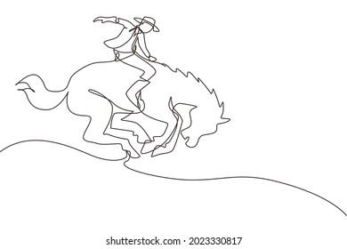 Single one line drawing cowboy taming wild horse at rodeo. cowboy on wild horse mustang. Rodeo cowboy riding wild horse on wooden sign. Modern continuous line draw design graphic vector illustration